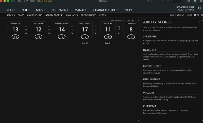 Borealis on macOS, Build tab, Ability Scores: six scores set with point buy (13, 12, 14, 17, 11, 8) and their modifiers, with a description of each ability on the right.