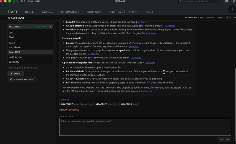The AI assistant answering how grappling works under the 2024 rules, with inline links and source chips for Grappling, Grappled and the Grappler feat.