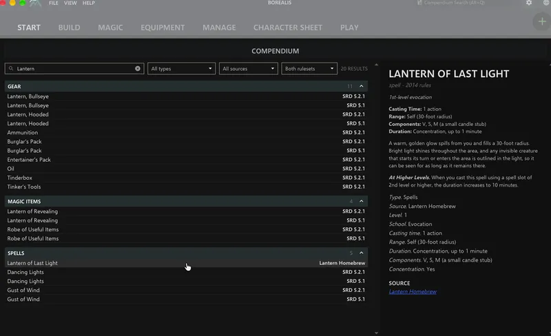 The compendium after the import, showing the homebrew spell Lantern of Last Light next to SRD entries.