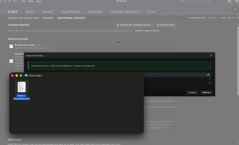 Importing a homebrew XML file by dragging it onto Borealis: the import preview says two elements from one file will be added, with Install and Cancel buttons.