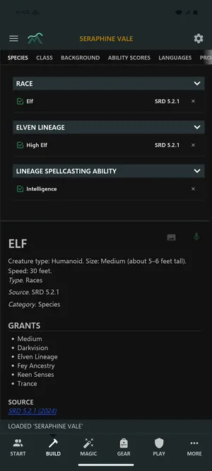 Borealis on Android, Build tab: the species step with Elf, High Elf lineage and Intelligence as the spellcasting ability, and the Elf traits below.