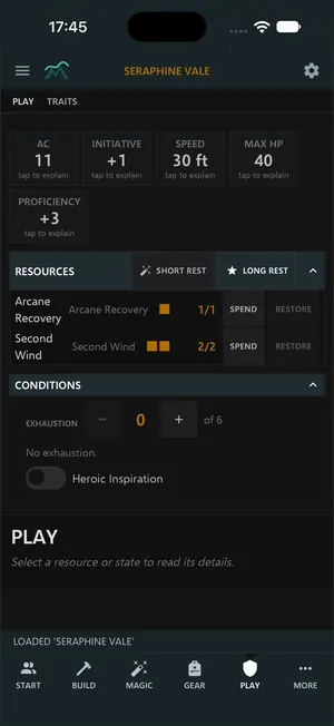 Borealis on iPhone, Play tab: armour class 11, initiative +1, speed 30 feet, 40 maximum hit points, resources with short and long rest buttons, and conditions.