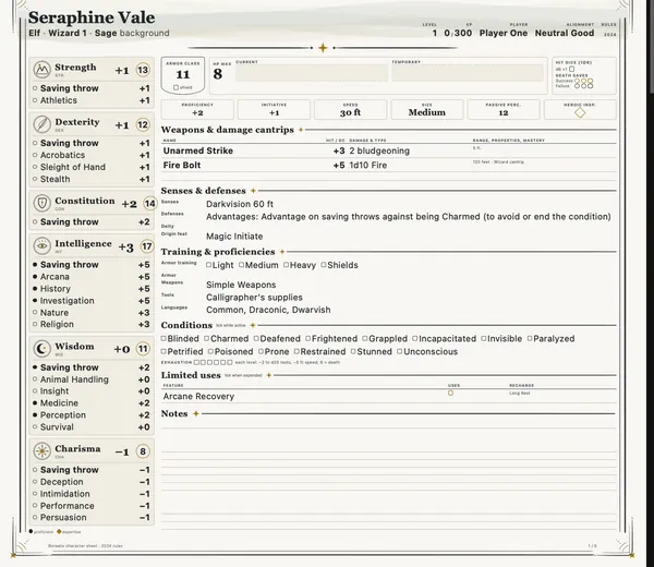 The first page of a Borealis character sheet for Seraphine Vale, an elf wizard: ability scores with saves and skills, armour class, hit points, attacks, senses, proficiencies and conditions.