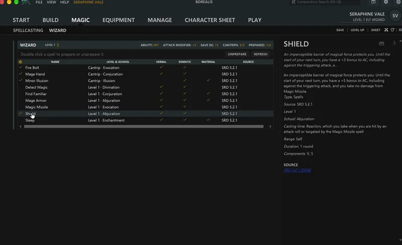 The Magic tab: a level 1 wizard's spell list with cantrips and level 1 spells, Shield selected and its full description shown on the right.